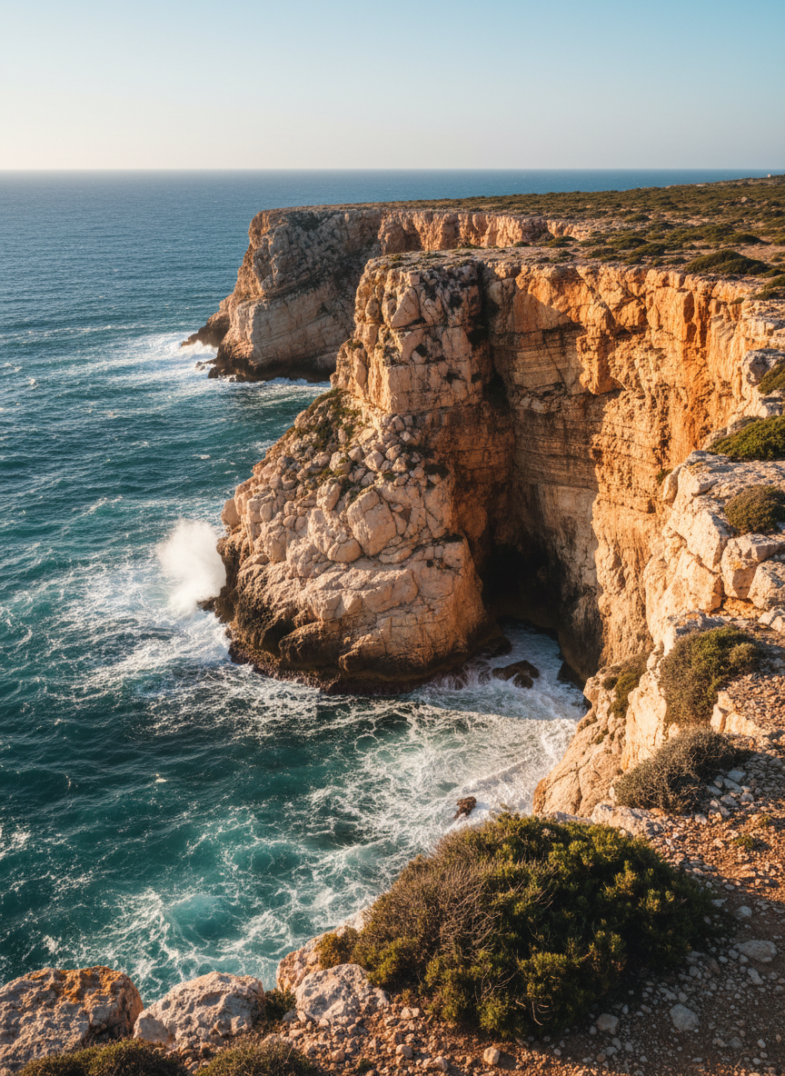 A dramatic coastal cliff scene along the Mediterranean in photographic realism, with jagged limestone formations plunging into deep turquoise water. The cliff face reveals intricate layers of rock in beige, cream, and rusty orange, weathered by time and sea. White foam crashes against the base, sending delicate sprays upward that catch the light. Late-afternoon sun illuminates the cliff from the side, carving out rich contrasts between bright highlights and deep, rugged shadows in the crevices. Sparse, hardy shrubs cling to the cliff top, their dusty green leaves stirring in a salt-laden breeze. Shot from a slightly elevated vantage point using a wide-angle lens, the expansive composition captures both the textured rock and the vast, glittering horizon, conveying a powerful, untamed mood.