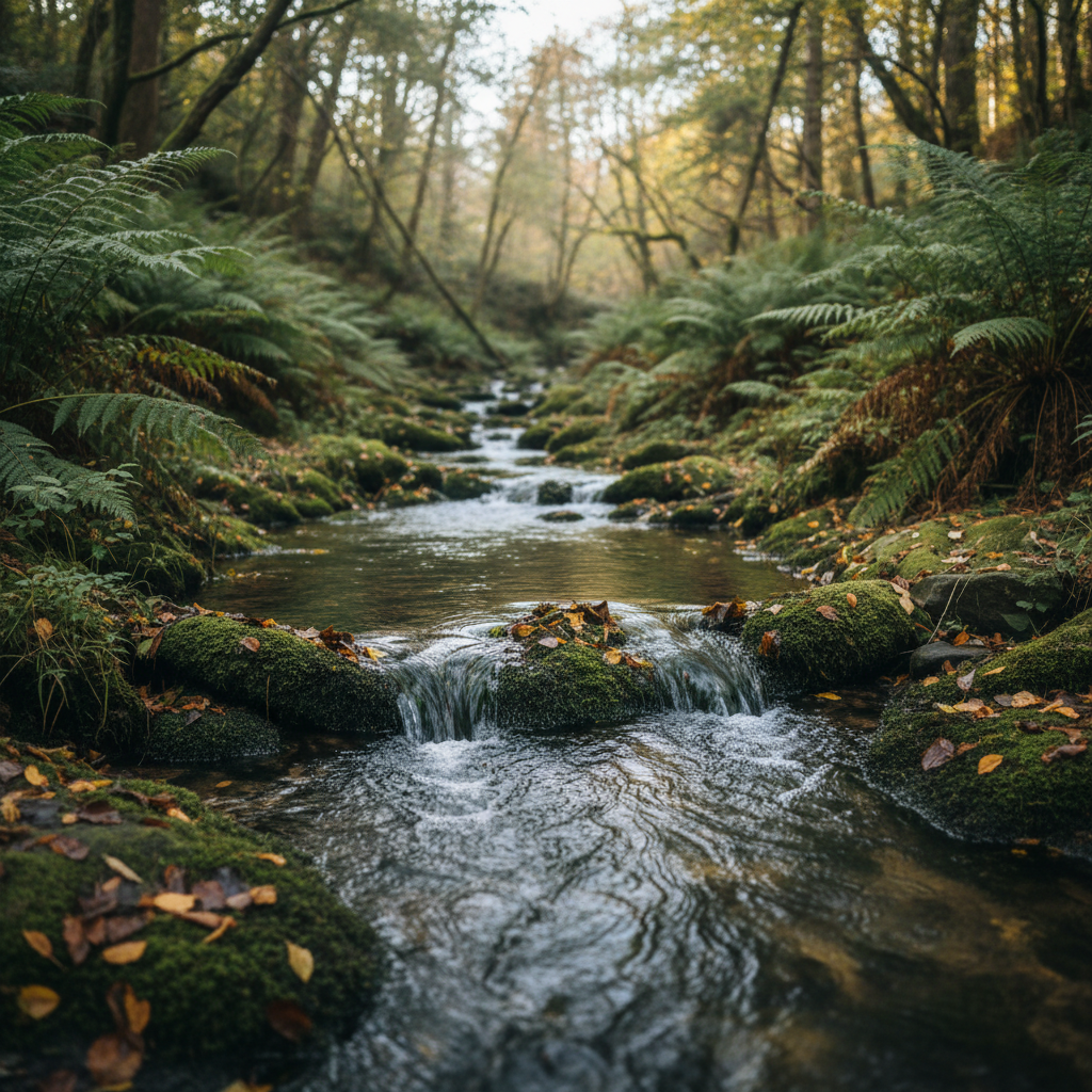 A tranquil woodland stream in photographic realism, winding gently through a shaded forest clearing. Crystal-clear water flows over smooth, moss-covered stones, forming tiny ripples and miniature cascades that catch the light. The banks are lined with dense undergrowth, ferns, and fallen leaves in shades of deep green, brown, and muted gold. Diffused, overcast daylight filters softly through the tree canopy, eliminating harsh shadows and wrapping the scene in an even, velvety light. Captured from a low angle near the water’s surface, the composition leads the viewer’s eye along the curve of the stream into the softly blurred background. The overall atmosphere is serene, cool, and meditative, emphasizing texture, detail, and the gentle movement of living water.